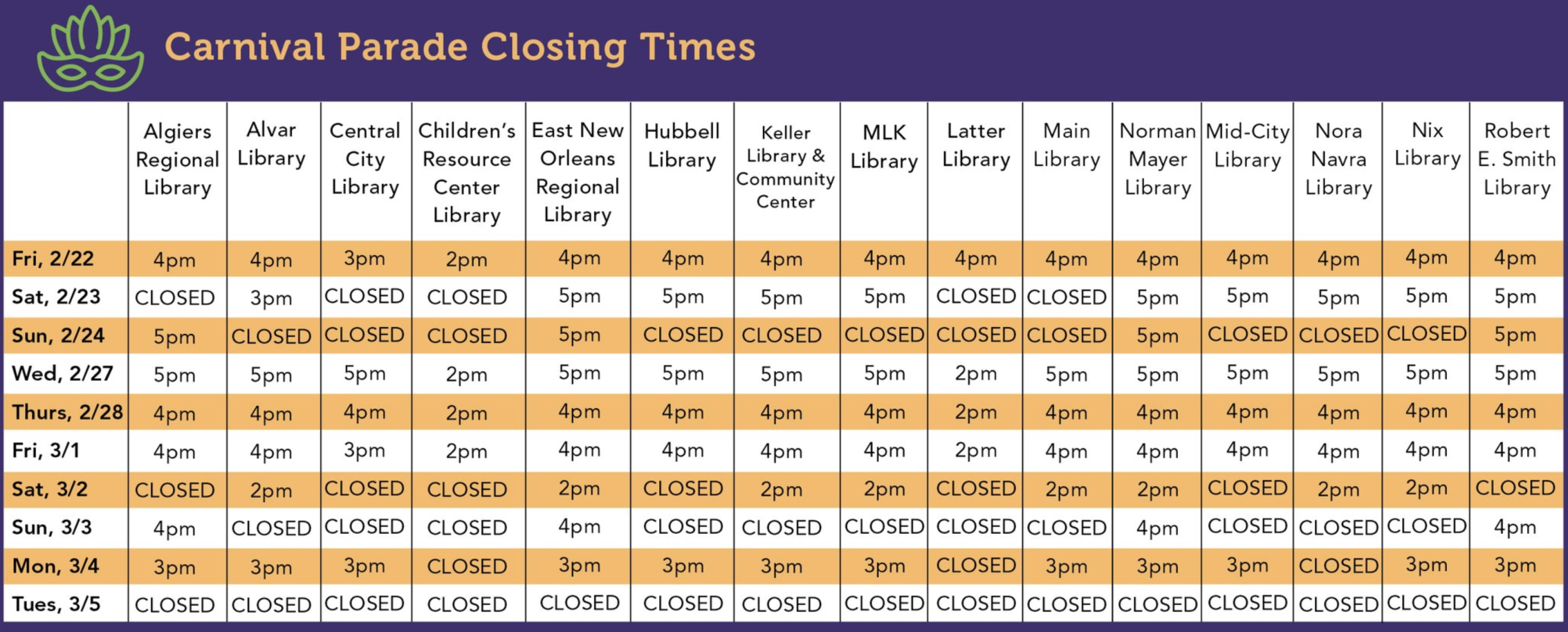 NOPL Mardi Gras schedule